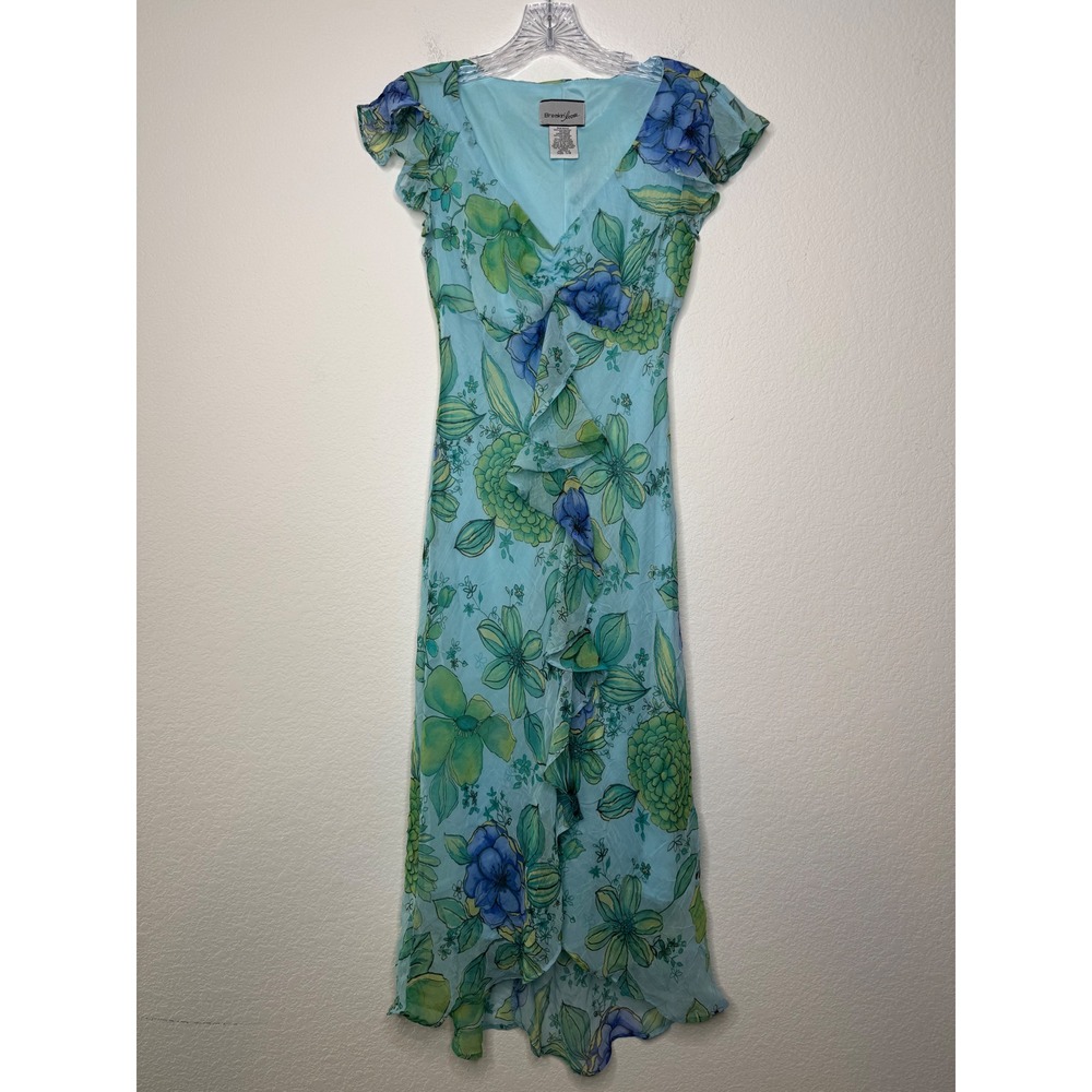 Breakin Loose Floral Ruffle Midi Dress Blue Green V-Neck Size 7/8 Flowy Y2K